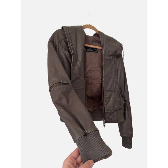 All Saints Cobra Hooded Bomber Leather Jacket Brown S - Picture 9 of 9